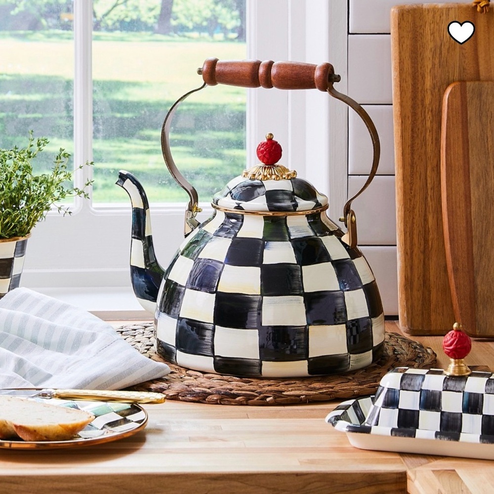 MacKenzie-Childs Courtly Check Tea Kettle Checkered Teapot Wooden Handle 3qt - Picture 3 of 5
